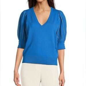 Karl Lagerfeld Blue Puff Sleeve Sweater Top S V Neck Knit Lightweight